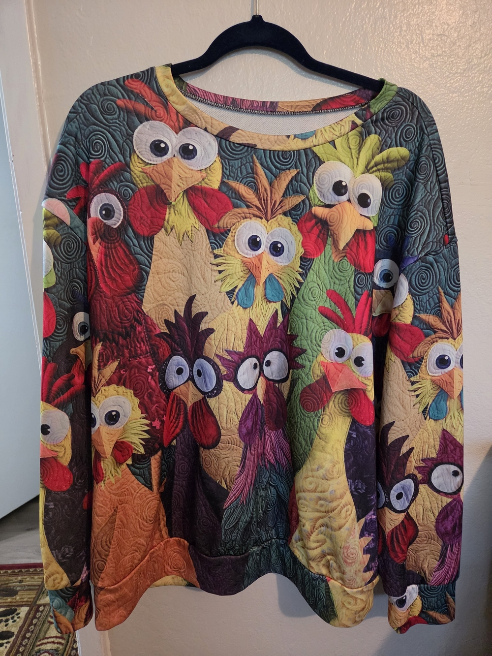 Playful Multicolor Rooster Graphic Crewneck Sweater